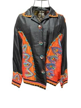 Sandy Starkman Silk Embroidered Black Jacket with Vibrant Orange Panels XL